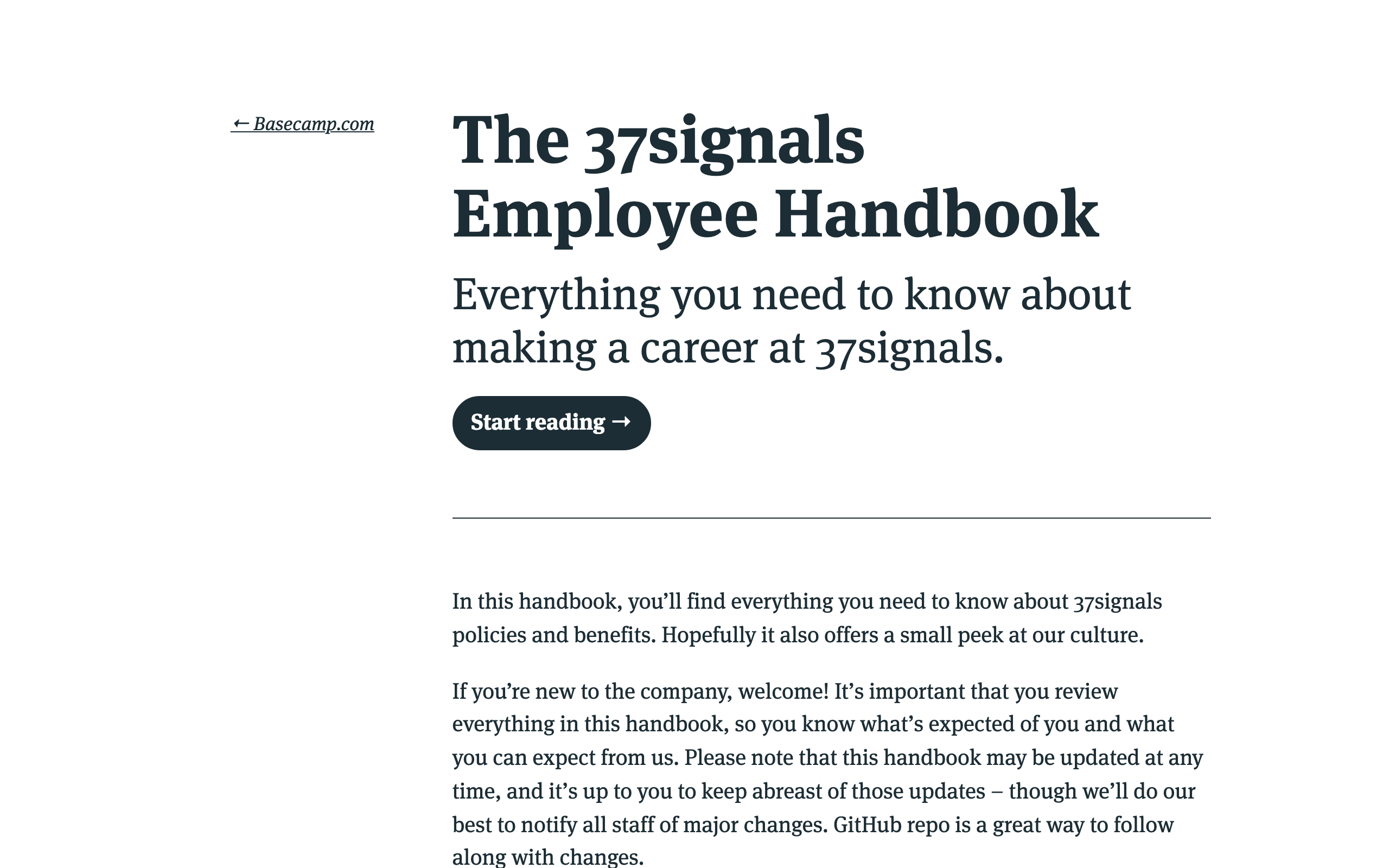 Basecamp employee handbook website