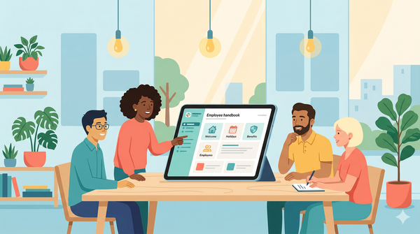 AirMason best HR platform for small businesses 2026 - flat illustration of team collaborating on digital employee handbook