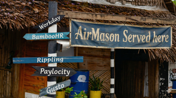 Directional signs pointing to HR platforms like Workday, BambooHR, Rippling, Paylocity, and Gusto with AirMason Served Here banner — mid-market HR technology comparison